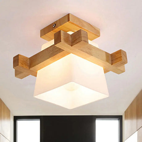 Trapezoid Opal Glass Pendant Light With Wood Deco – Japanese Style Ceiling Lamp For Bedroom