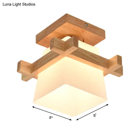 Trapezoid Opal Glass Pendant Light With Wood Deco – Japanese Style Ceiling Lamp For Bedroom