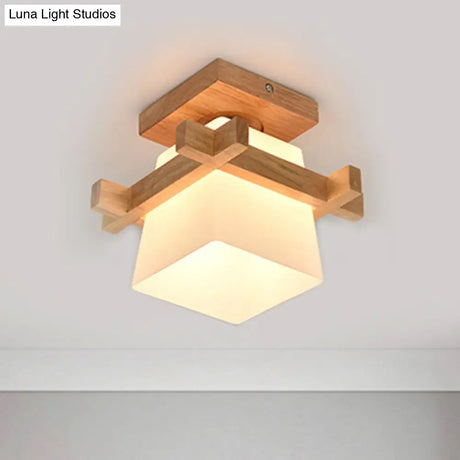 Trapezoid Opal Glass Pendant Light With Wood Deco – Japanese Style Ceiling Lamp For Bedroom