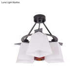 Trapezoid Semi Flush Ceiling Lamp With White Glass And Wood Cylinder Shade - 3/5 Lights