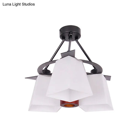 Trapezoid Semi Flush Ceiling Lamp With White Glass And Wood Cylinder Shade - 3/5 Lights