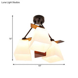 Trapezoid Semi Flush Ceiling Lamp With White Glass And Wood Cylinder Shade - 3/5 Lights
