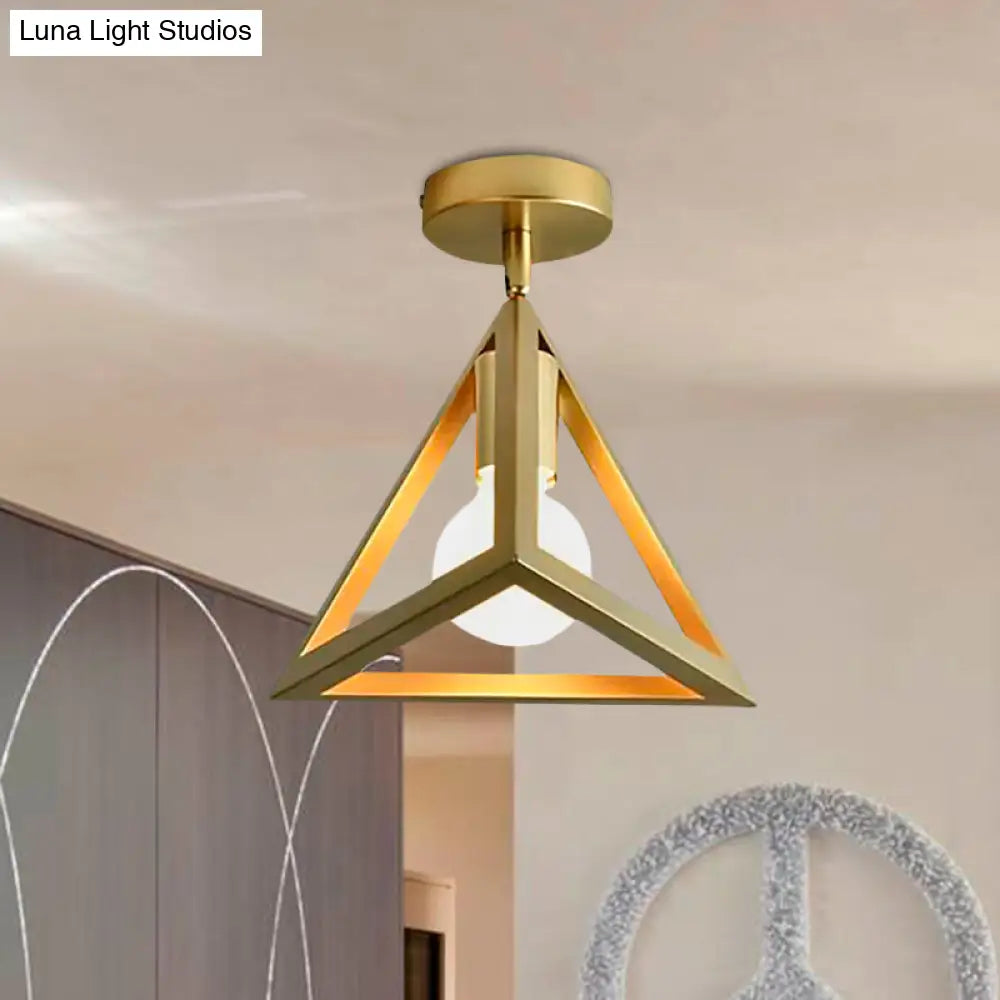 Triangle Brass Semi - Flush Bedroom Ceiling Lamp With Industrial Wire Frame