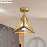 Triangle Brass Semi - Flush Bedroom Ceiling Lamp With Industrial Wire Frame