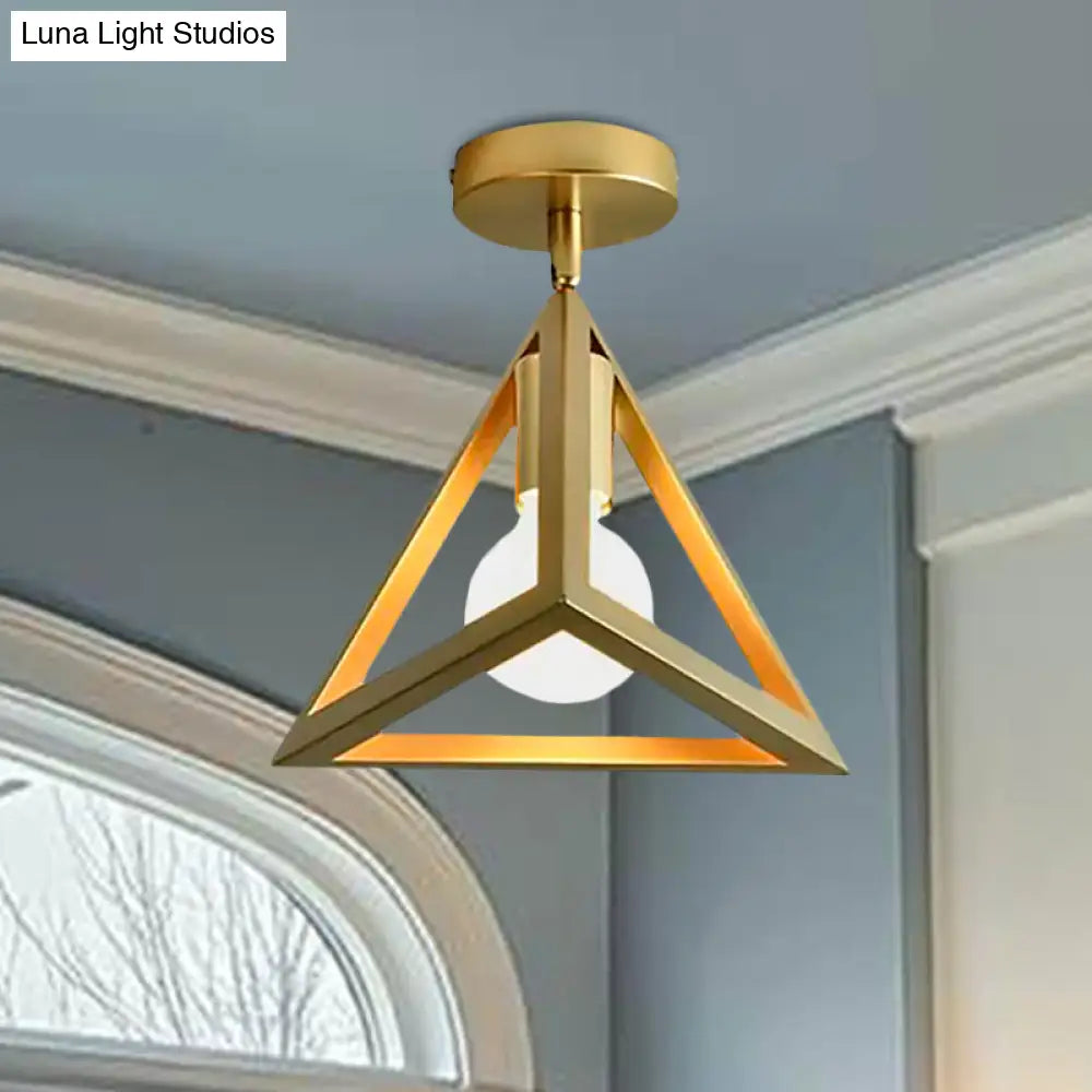 Triangle Brass Semi - Flush Bedroom Ceiling Lamp With Industrial Wire Frame