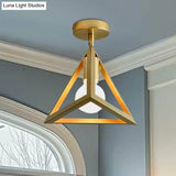 Triangle Brass Semi - Flush Bedroom Ceiling Lamp With Industrial Wire Frame