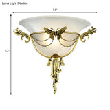 Trumpet Flare Milk Glass Sconce Light With Brass Butterfly Deco - Wall Mounted Lamp