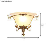 Trumpet Flare Sconce Light With Traditionary Milk Glass Brass Finish And Vine Decoration