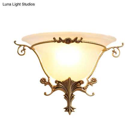 Trumpet Flare Sconce Light With Traditionary Milk Glass Brass Finish And Vine Decoration