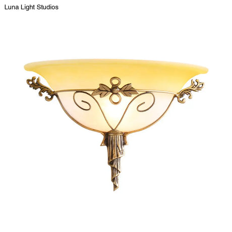 Trumpet Sconce With White/Yellow Glass And Leaf Deco For Stairway - Wall Mounted Light Fixture (1