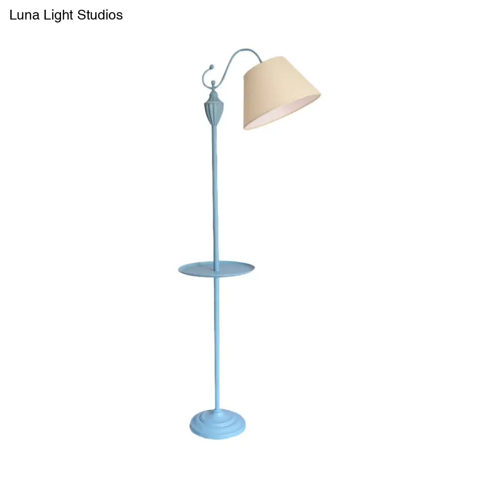 Truncated Cone Shade Floor Lamp In Macaron Fabric - Pink/Blue/Yellow | 1 Bulb Storage Tray Ideal For