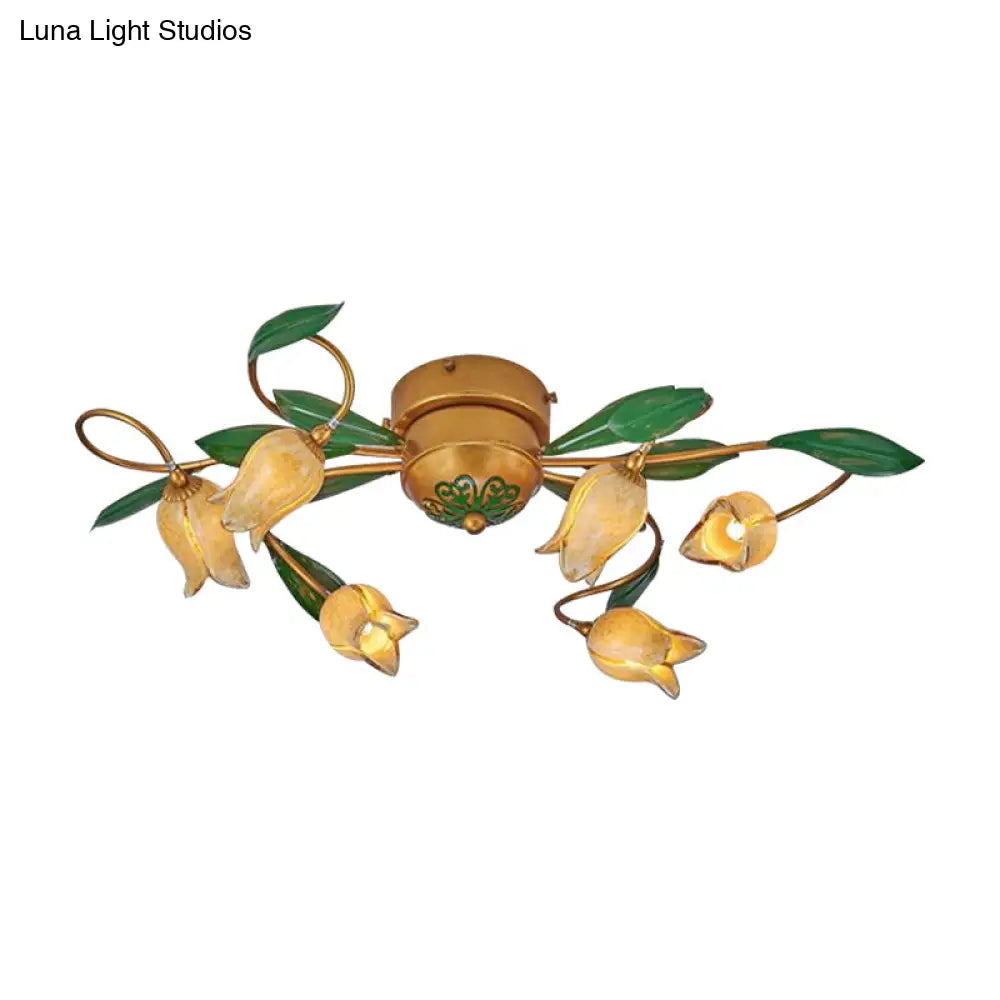 Tulip Ceiling Light: 6 - Bulb Led Semi Flush Mount In Brass For Living Room