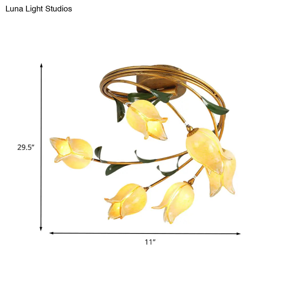 Tulip Ceiling Light: 6 - Bulb Led Semi Flush Mount In Brass For Living Room