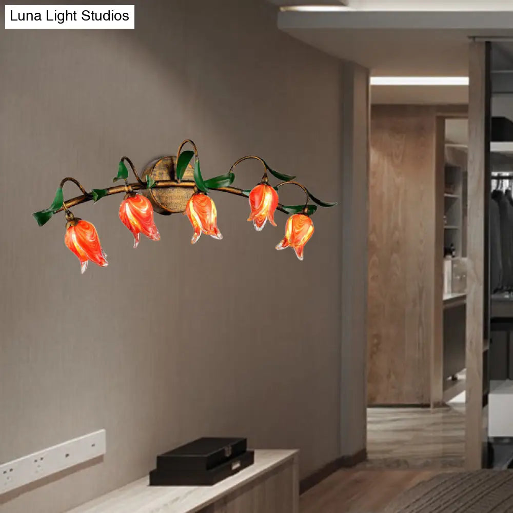 Tulip Vanity Lamp - 5-Headed Led Wall Sconce In Red/Yellow For Bathroom