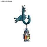 Turkish Blue Wooden Wall Mount Censer Light With Fish Backplate