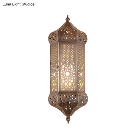Turkish Iron Hollow-Out Wall Light With Antiqued Brass Finish - 1 Bulb Living Room Lantern Sconce