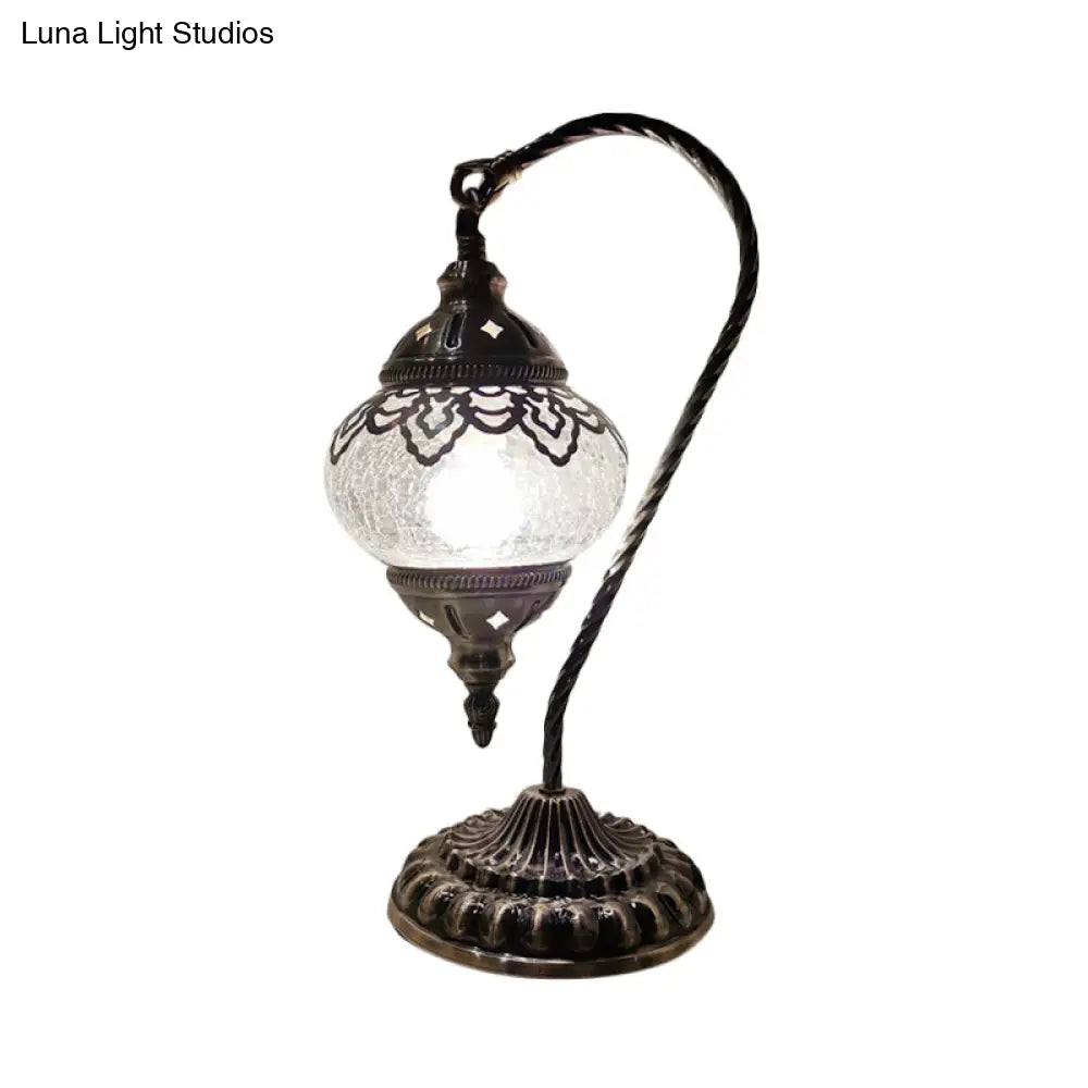 Turkish Night Lamp: Crackle Glass Bronze Desk Light With Curving Arm - 15/18/21 High