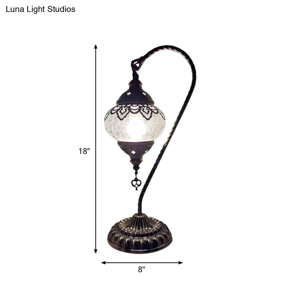 Turkish Night Lamp: Crackle Glass Bronze Desk Light With Curving Arm - 15/18/21 High