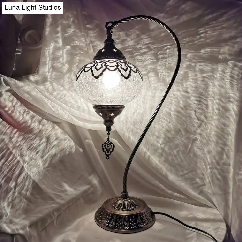 Turkish Night Lamp: Crackle Glass Bronze Desk Light With Curving Arm - 15/18/21 High
