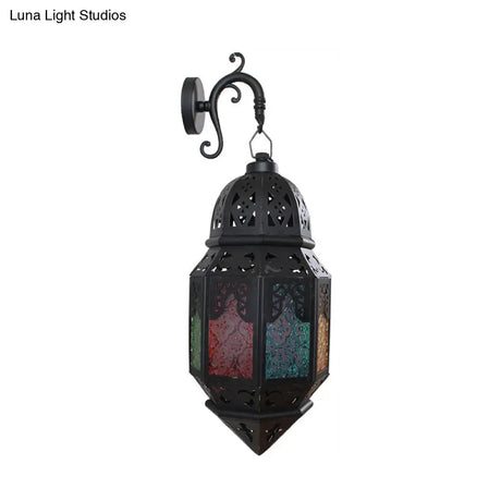 Turkish Single-Bulb Black Stained Art Glass Censer Wall Lamp: Bistro Lantern Sconce