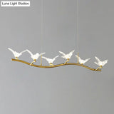 Twig Pendant Lamp With Bird Decor Gold Finish & Led Acrylic Island Light