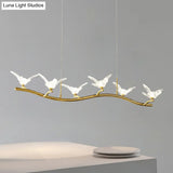 Twig Pendant Lamp With Bird Decor Gold Finish & Led Acrylic Island Light
