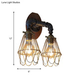 U-Shaped Metallic Sconce Light With Wire Guard And Pipe 2-Light Brass Warehouse Wall Lamp