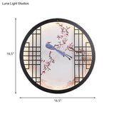 Ultrathin Chinese Led Bedroom Wall Art - Round Bird And Flower Branch Design In Black