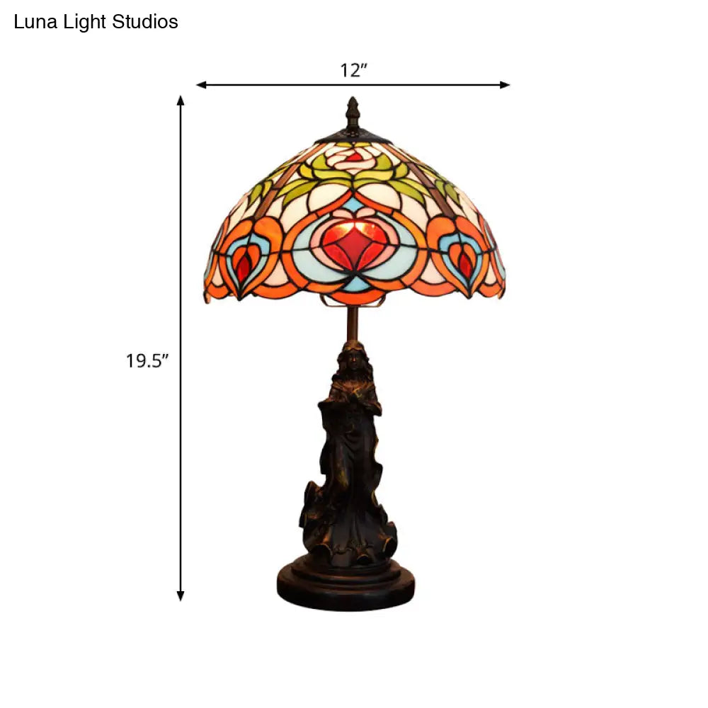 Victorian Angel Resin Night Lamp: Bronzed Table Lighting With Art Glass Shade