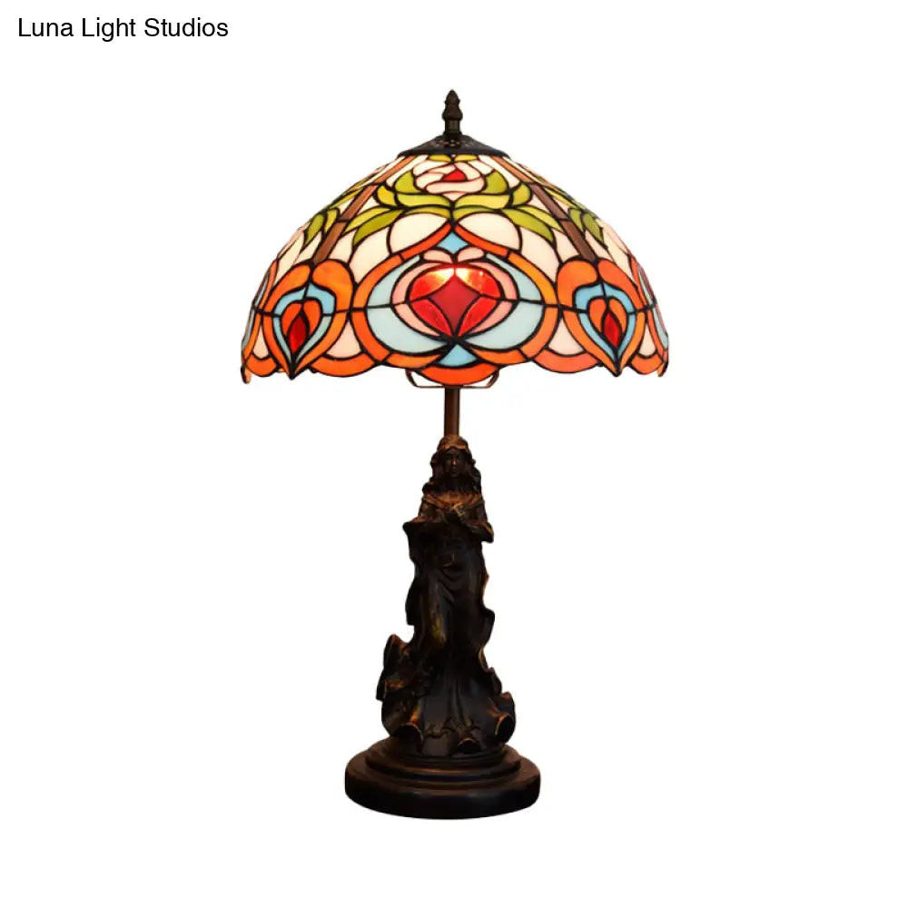 Victorian Angel Resin Night Lamp: Bronzed Table Lighting With Art Glass Shade
