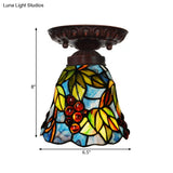 Victorian Bell Flush Mount Ceiling Lamp - Pink/Blue Stained Glass Bedroom Light Fixture With 1