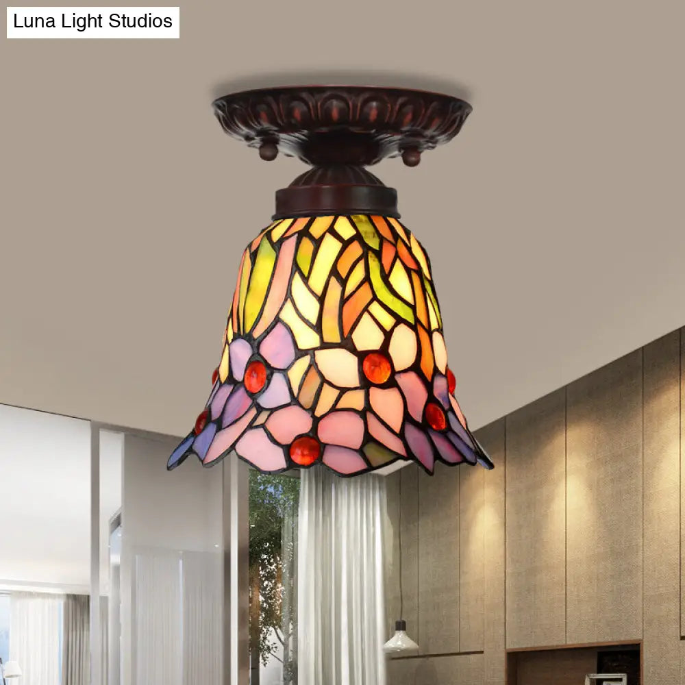 Victorian Bell Flush Mount Ceiling Lamp - Pink/Blue Stained Glass Bedroom Light Fixture With 1