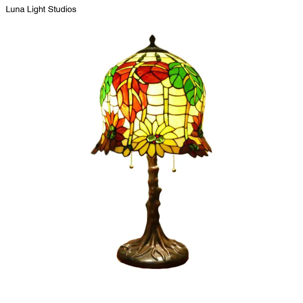 Victorian Bell Table Light - 2 Heads Hand Cut Glass Nightstand Lamp In Blossom Pattern Yellow &