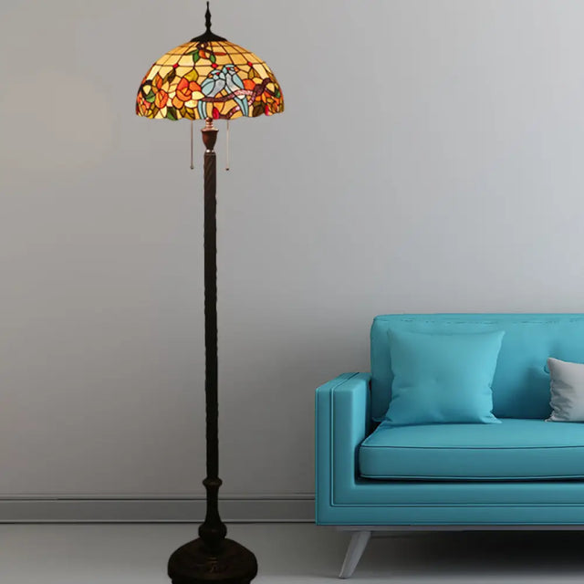 Victorian Copper Standing Lamp With Cut Glass Flower And Bird Design 2 Lights Bowl Shade