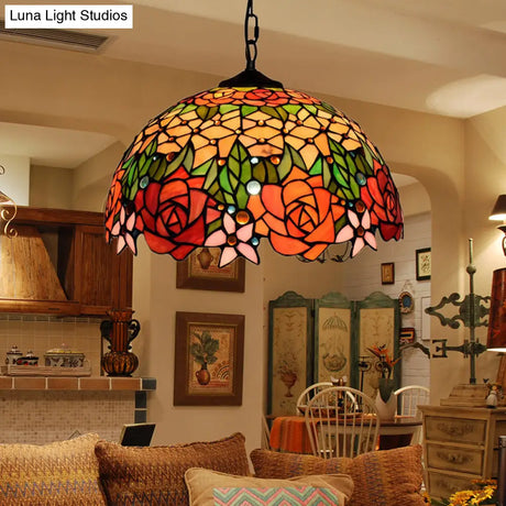 Victorian Dome Pendant Light - 12’/16’ Wide 1 Bulb Black Stained Glass Fixture