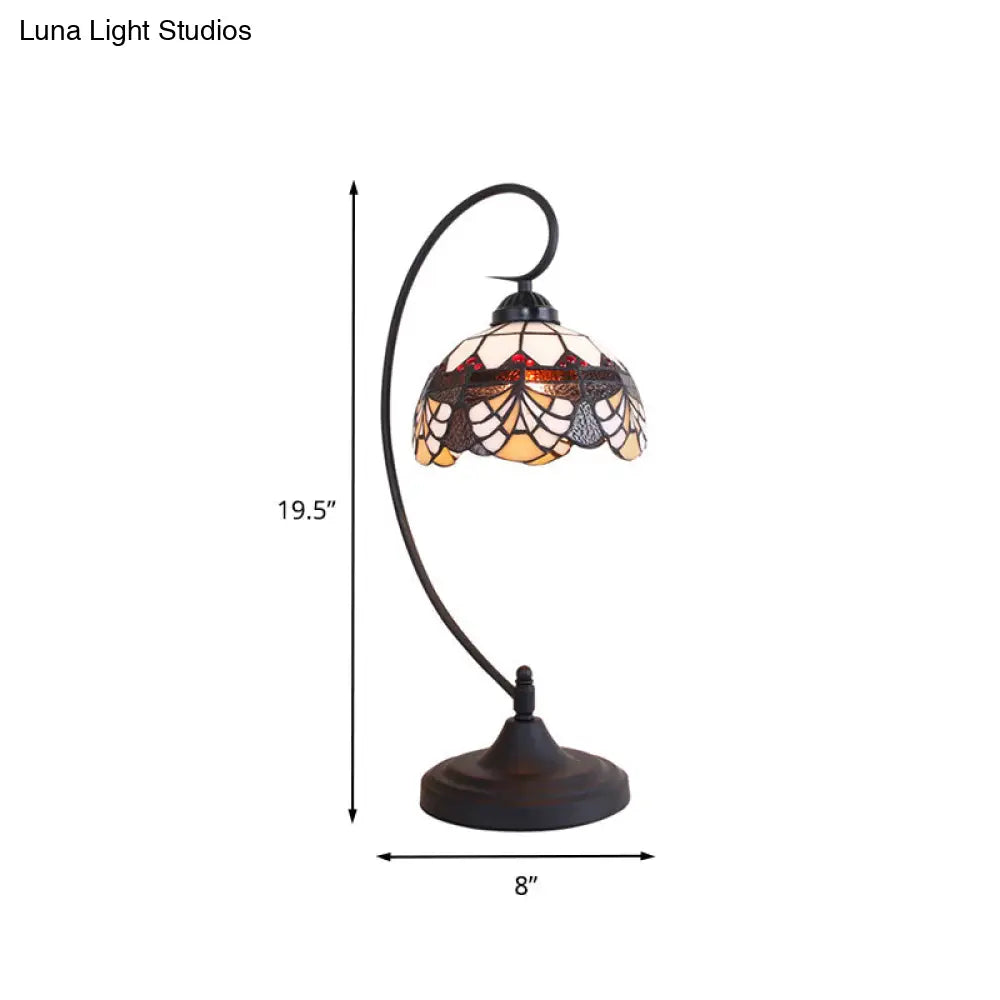 Victorian Dome Shade Hand-Cut Glass Table Light - 1-Light Black Finish Nightstand Lamp With Curved
