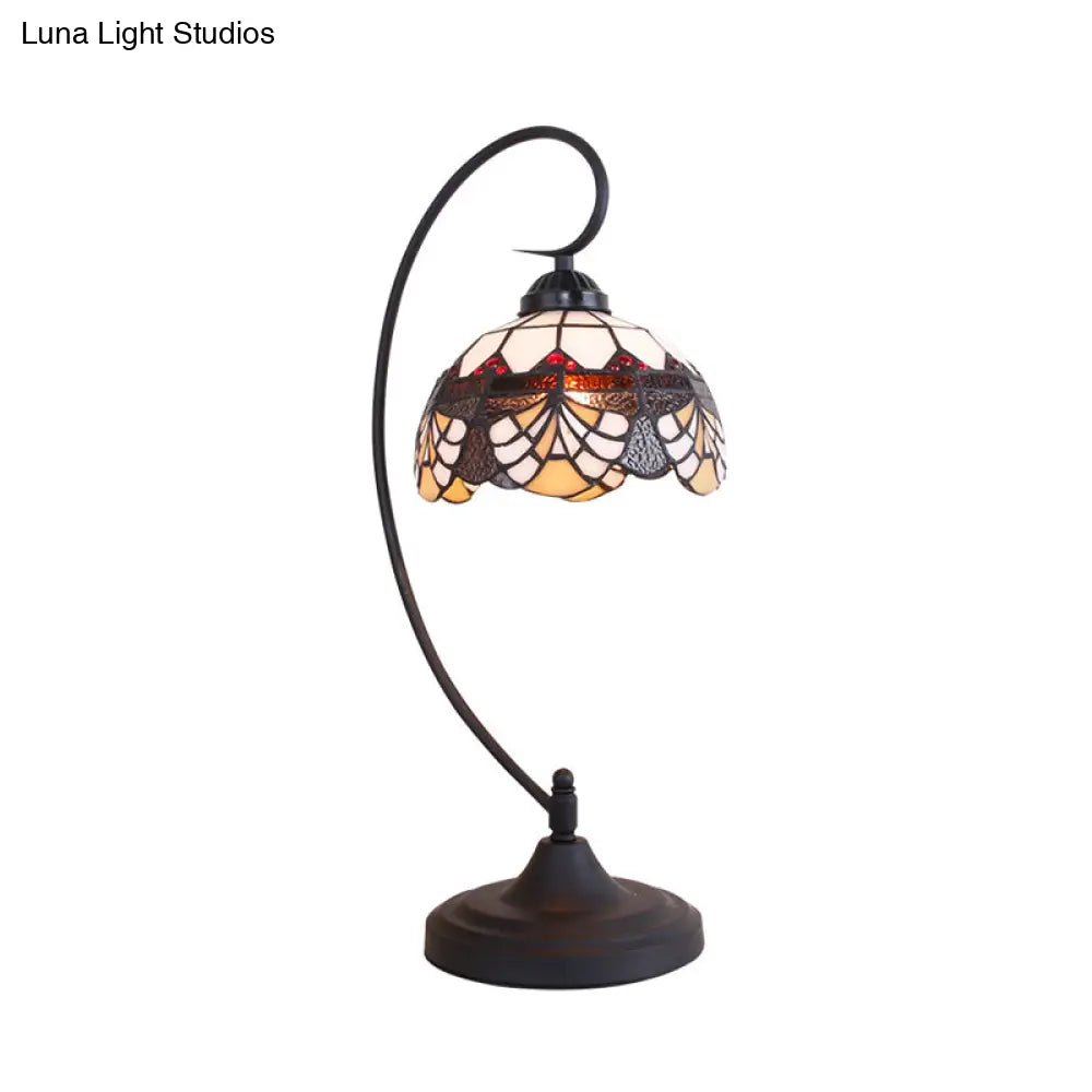 Victorian Dome Shade Hand-Cut Glass Table Light - 1-Light Black Finish Nightstand Lamp With Curved