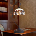 Victorian Dome Shade Hand-Cut Glass Table Light - 1-Light Black Finish Nightstand Lamp With Curved