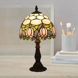 Victorian Dome Shade Night Lamp With Stained Art Glass Rose Pattern - 1-Light Desk Lighting For