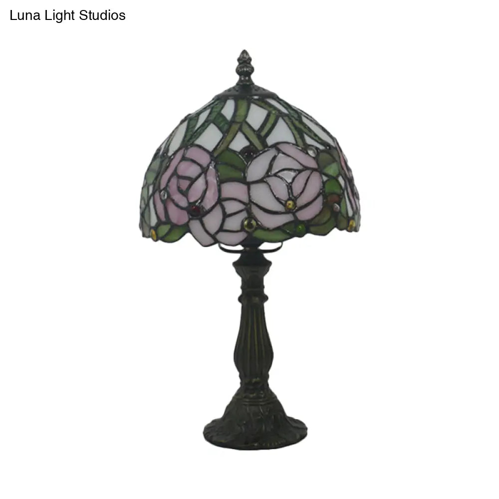 Victorian Dome Shade Night Lamp With Stained Art Glass Rose Pattern - 1-Light Desk Lighting For