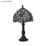 Victorian Dome Shade Night Lamp With Stained Art Glass Rose Pattern - 1-Light Desk Lighting For