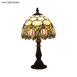 Victorian Dome Shade Night Lamp With Stained Art Glass Rose Pattern - 1-Light Desk Lighting For