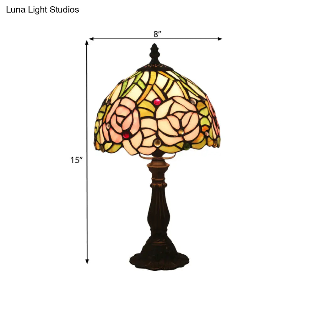 Victorian Dome Shade Night Lamp With Stained Art Glass Rose Pattern - 1-Light Desk Lighting For