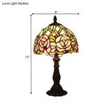 Victorian Dome Shade Night Lamp With Stained Art Glass Rose Pattern - 1-Light Desk Lighting For