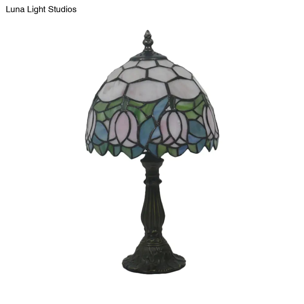 Victorian Dome Shade Night Lamp With Stained Art Glass Rose Pattern - 1-Light Desk Lighting For