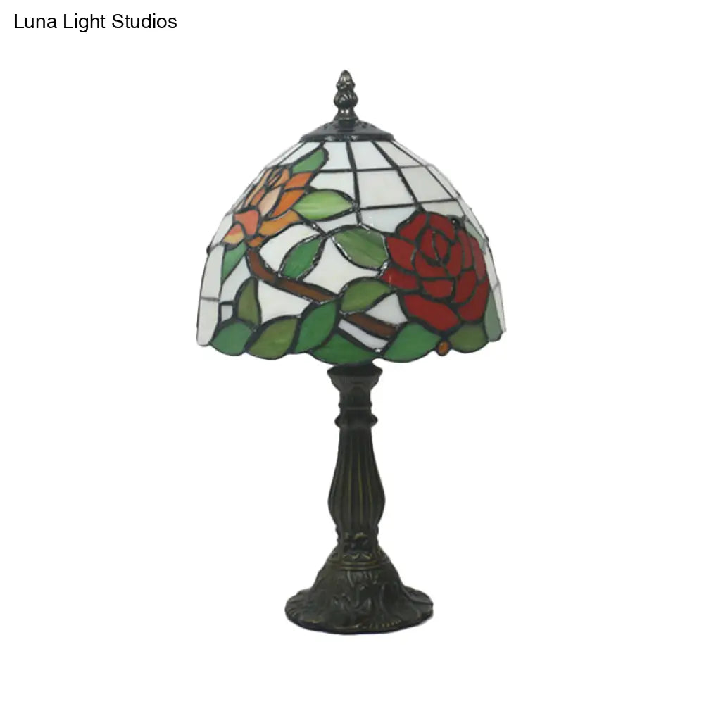 Victorian Dome Shade Night Lamp With Stained Art Glass Rose Pattern - 1-Light Desk Lighting For