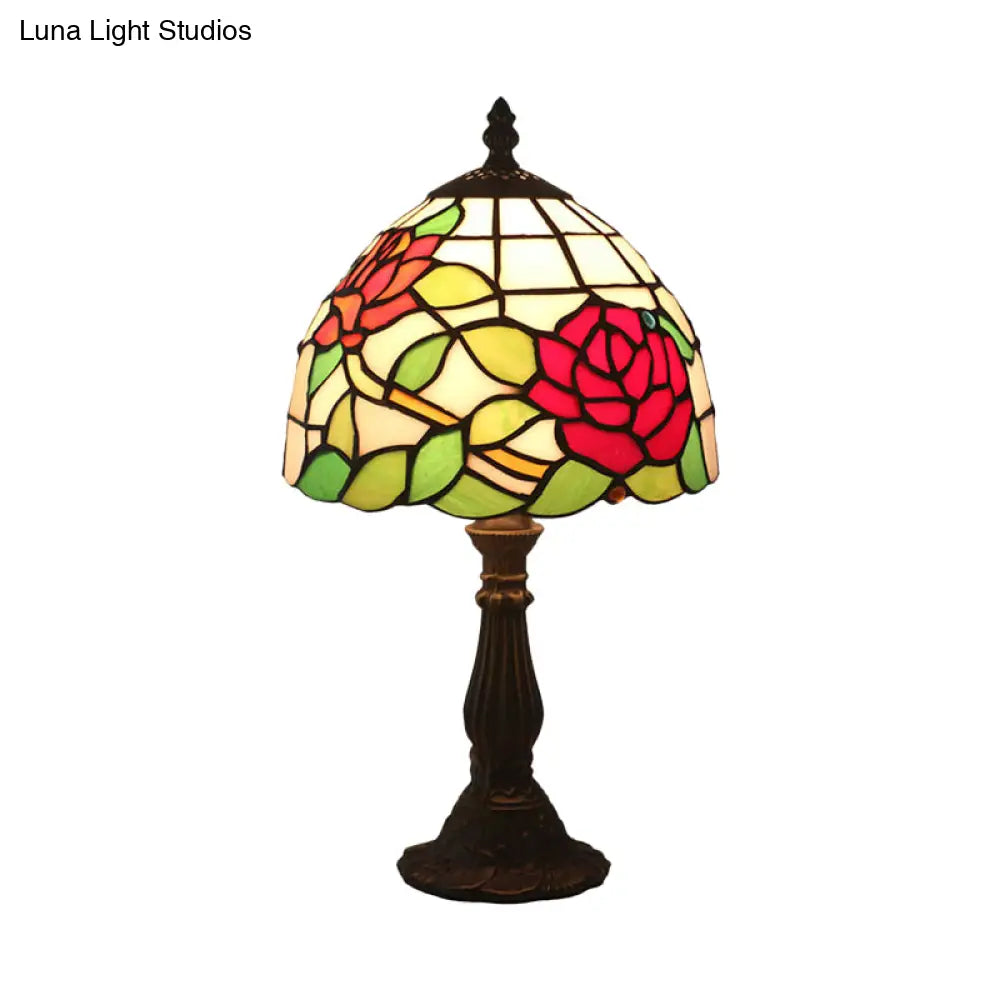 Victorian Dome Shade Night Lamp With Stained Art Glass Rose Pattern - 1-Light Desk Lighting For