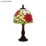 Victorian Dome Shade Night Lamp With Stained Art Glass Rose Pattern - 1-Light Desk Lighting For