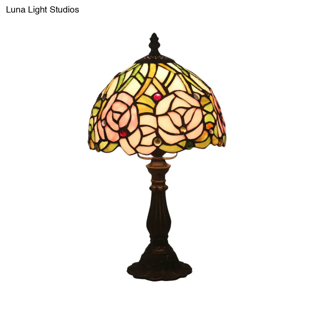 Victorian Dome Shade Night Lamp With Stained Art Glass Rose Pattern - 1-Light Desk Lighting For