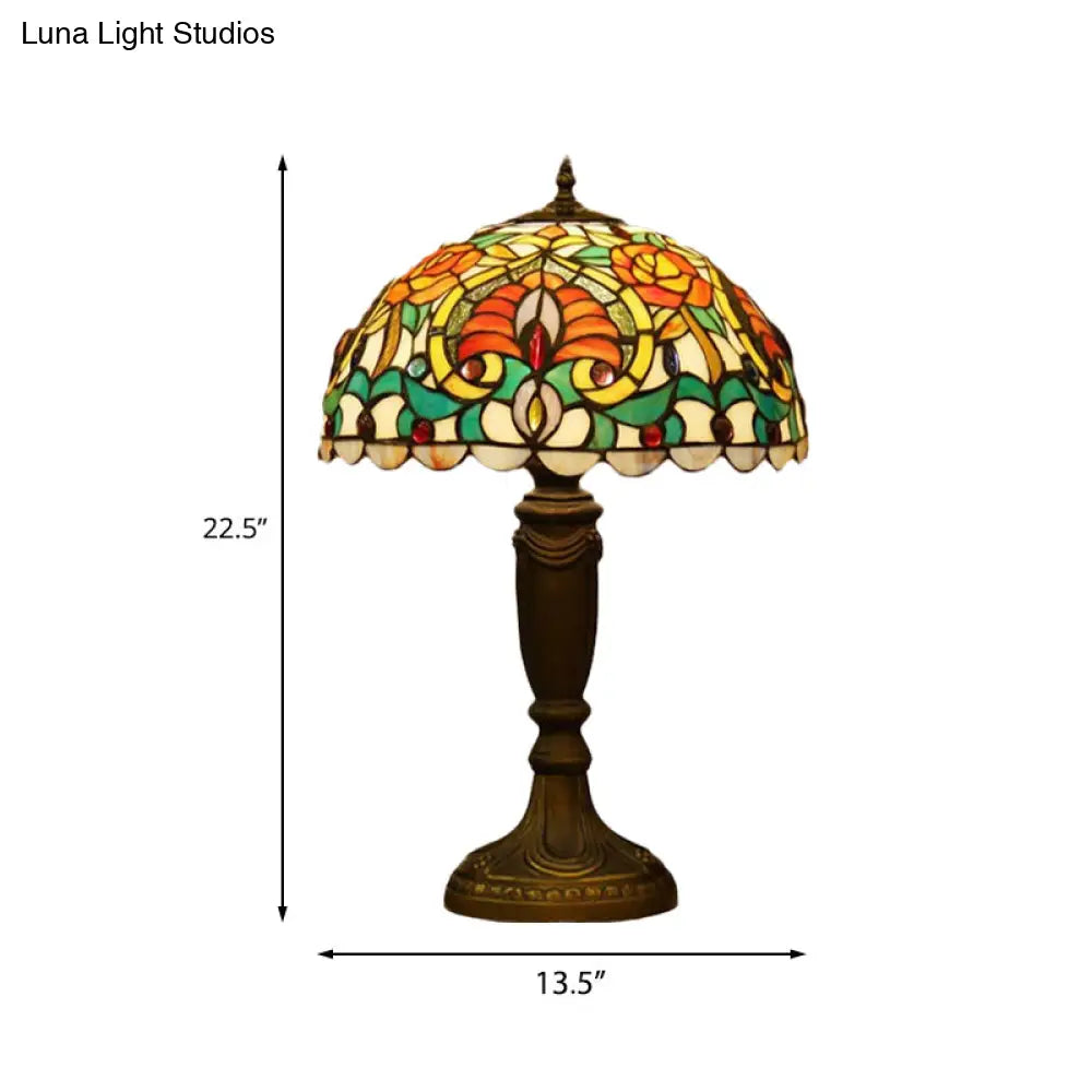 Victorian Domed Cut Glass Night Table Light - Beige/Orange Floral Desk Lamp